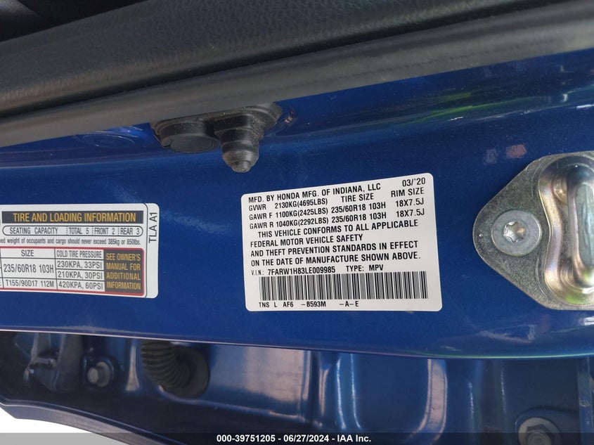 2020 HONDA CR-V EXL - 7FARW1H83LE009985