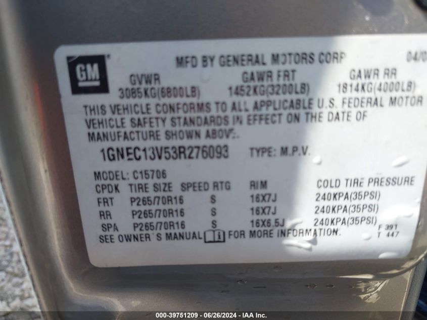 2003 Chevrolet Tahoe Ls VIN: 1GNEC13V53R276093 Lot: 39751209