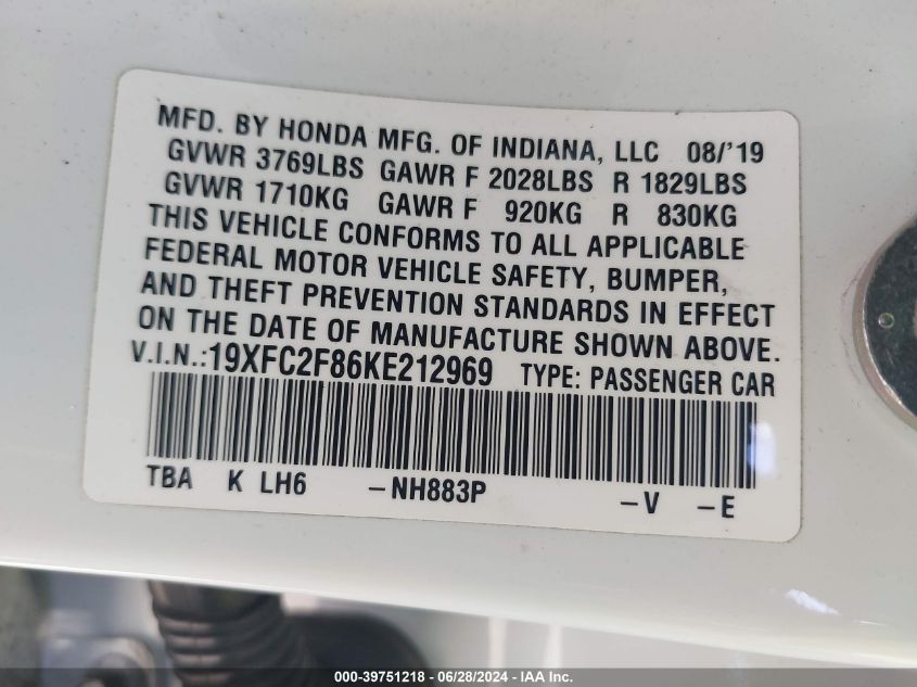 2019 Honda Civic Sport VIN: 19XFC2F86KE212969 Lot: 39751218
