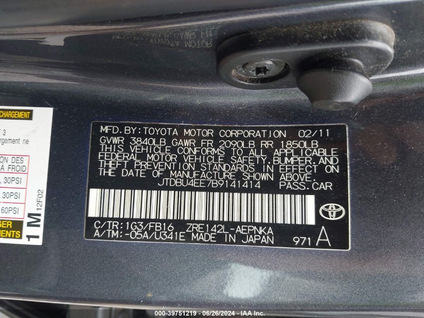 2011 Toyota Corolla Le VIN: JTDBU4EE7B9141414 Lot: 39751219