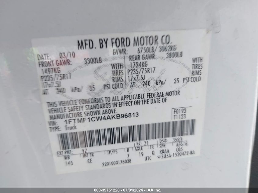 2010 Ford F-150 Stx/Xl/Xlt VIN: 1FTMF1CW4AKB96813 Lot: 39751228