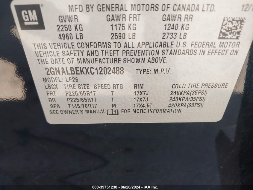 2012 Chevrolet Equinox Ls VIN: 2GNALBEKXC1202488 Lot: 39751238