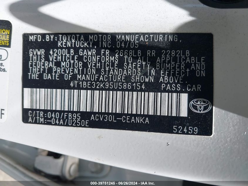 2005 Toyota Camry Le VIN: 4T1BE32K95U586154 Lot: 39751245