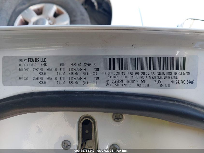 2016 Ram 3500 Longhorn VIN: 3C63R3NL1GG319413 Lot: 39751247