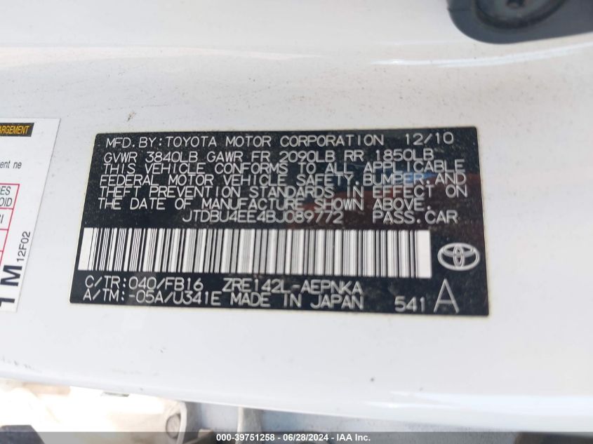 2011 Toyota Corolla Le VIN: JTDBU4EE4BJ089772 Lot: 39751258