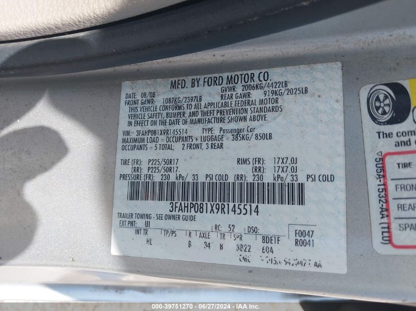 2009 Ford Fusion Sel VIN: 3FAHP081X9R145514 Lot: 39751270