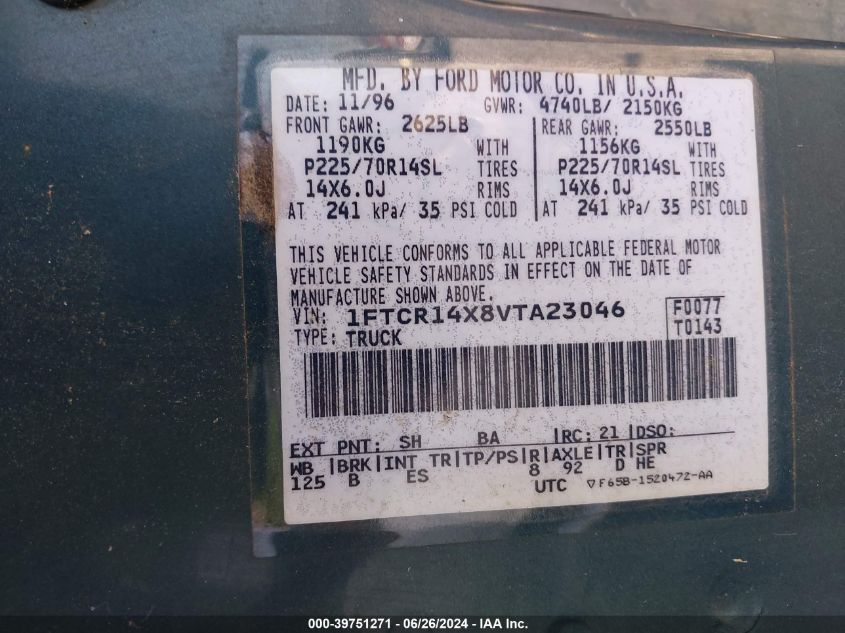 1997 Ford Ranger Xlt/Splash VIN: 1FTCR14X8VTA23046 Lot: 39751271