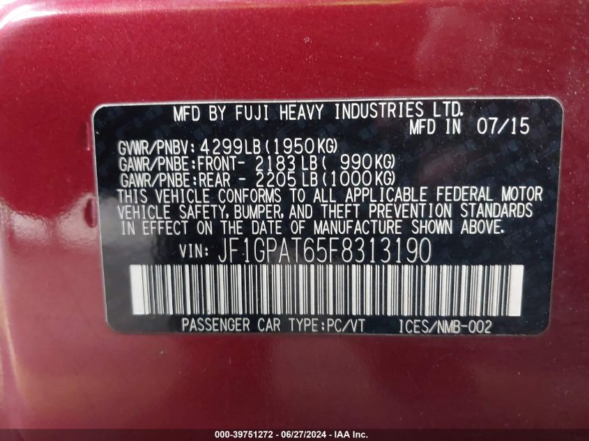 2015 Subaru Impreza Sport VIN: JF1GPAT65F8313190 Lot: 39751272