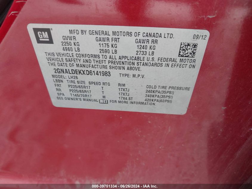 2013 Chevrolet Equinox 1Lt VIN: 2GNALDEKXD6141983 Lot: 39751334