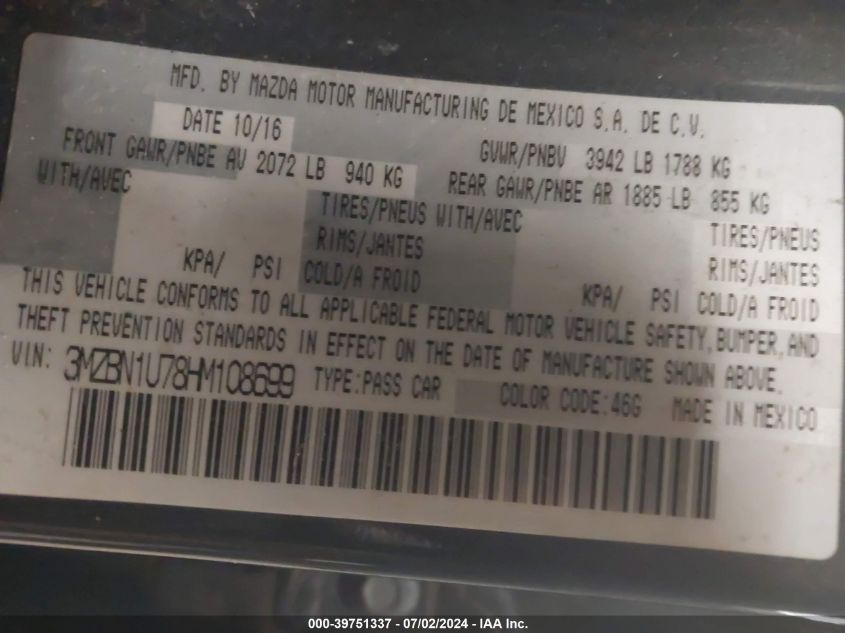 2017 Mazda Mazda3 Sport VIN: 3MZBN1U78HM108699 Lot: 39751337