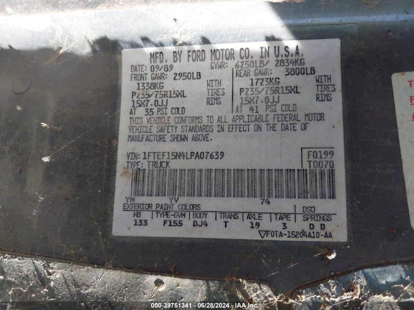 1990 Ford F150 VIN: 1FTEF15N4LPA07639 Lot: 39751341