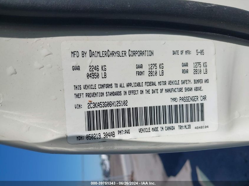 2006 Chrysler 300 Touring VIN: 2C3KA53G06H125102 Lot: 39751343