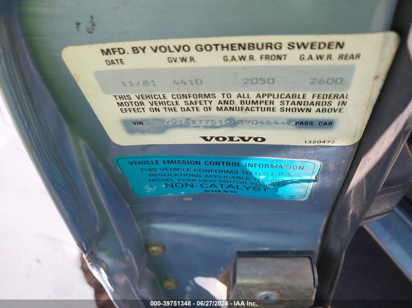 1982 Volvo 245 Dl VIN: YV1AX7751C1390464 Lot: 39751348