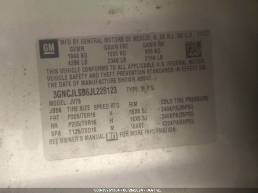 2018 Chevrolet Trax Lt VIN: 3GNCJLSB6JL228123 Lot: 39751354