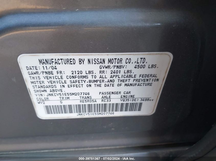 2005 Infiniti G35 VIN: JNKCV51E55M207746 Lot: 39751367