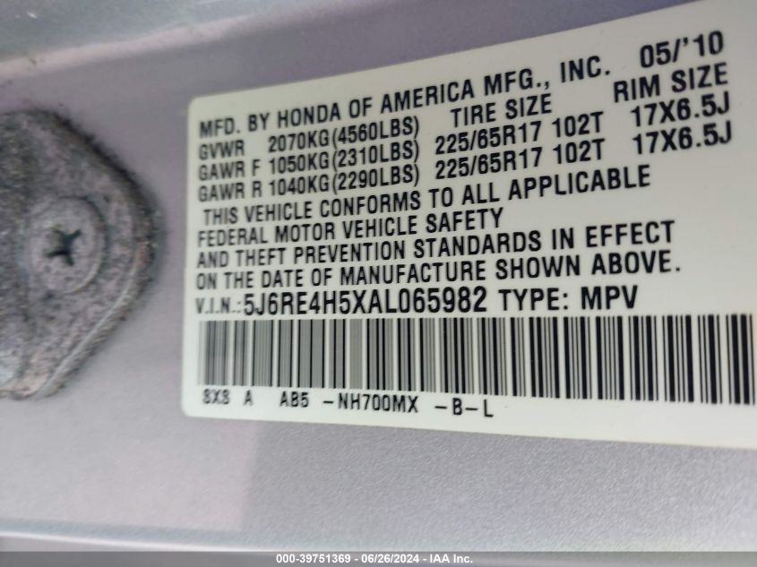 2010 Honda Cr-V Ex VIN: 5J6RE4H5XAL065982 Lot: 39751369