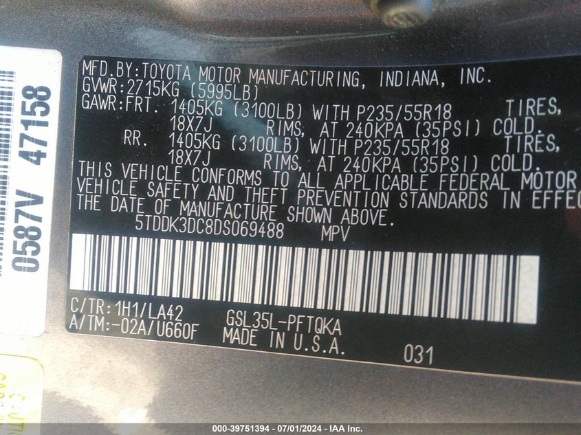 2013 Toyota Sienna Limited 7 Passenger VIN: 5TDDK3DC8DS069488 Lot: 39751394