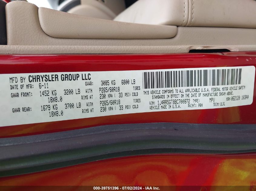 2011 Jeep Grand Cherokee Limited VIN: 1J4RR5GT8BC700872 Lot: 39751396