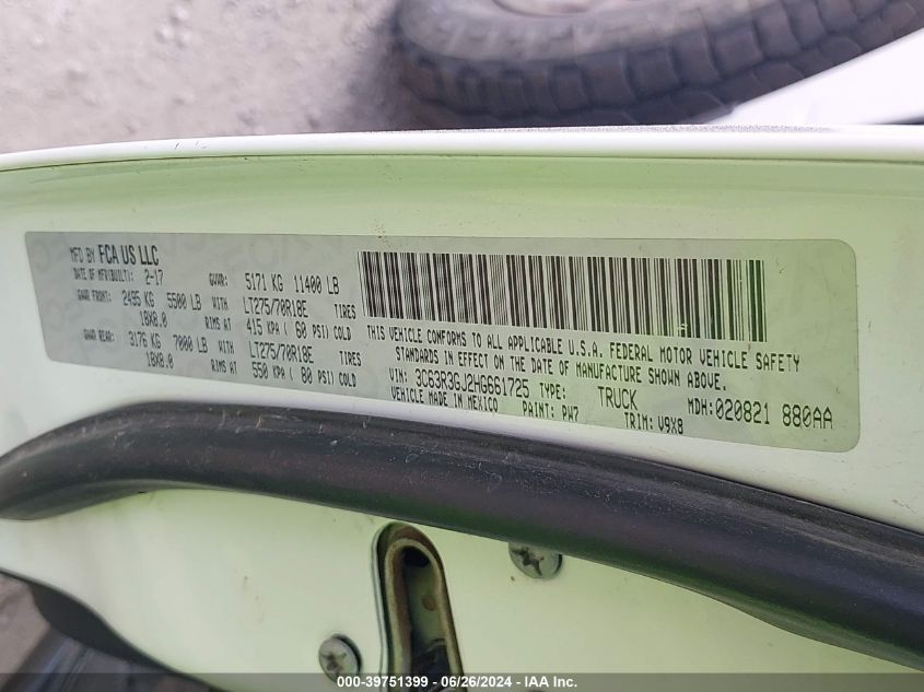 2017 Ram 3500 Tradesman 4X4 8' Box VIN: 3C63R3GJ2HG661725 Lot: 39751399