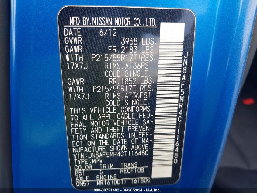 2012 Nissan Juke S VIN: JN8AF5MR4CT116480 Lot: 39751402