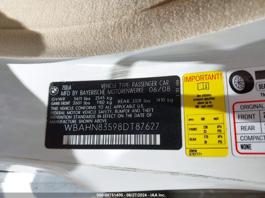 2008 BMW 750Li VIN: WBAHN83598DT87627 Lot: 39751405