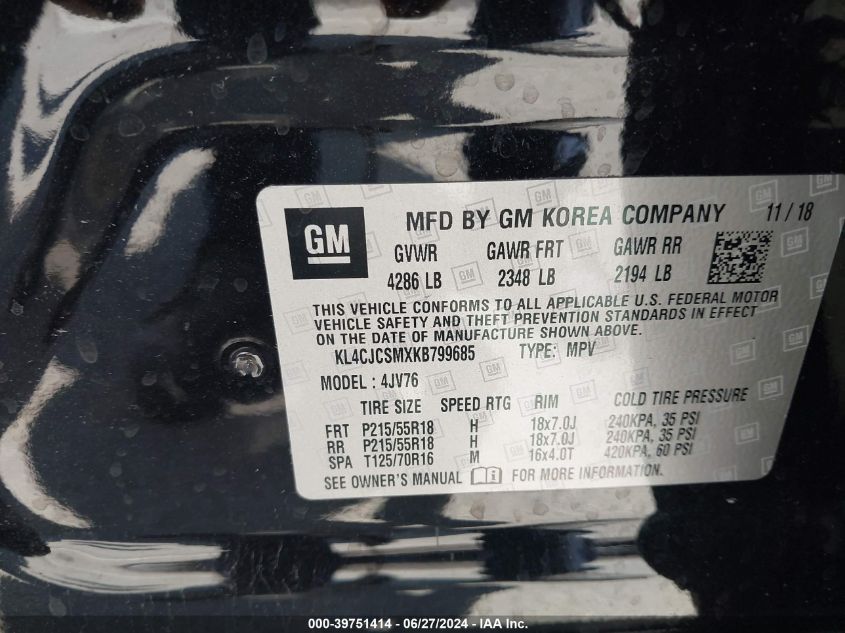 2019 Buick Encore Fwd Essence VIN: KL4CJCSMXKB799685 Lot: 39751414