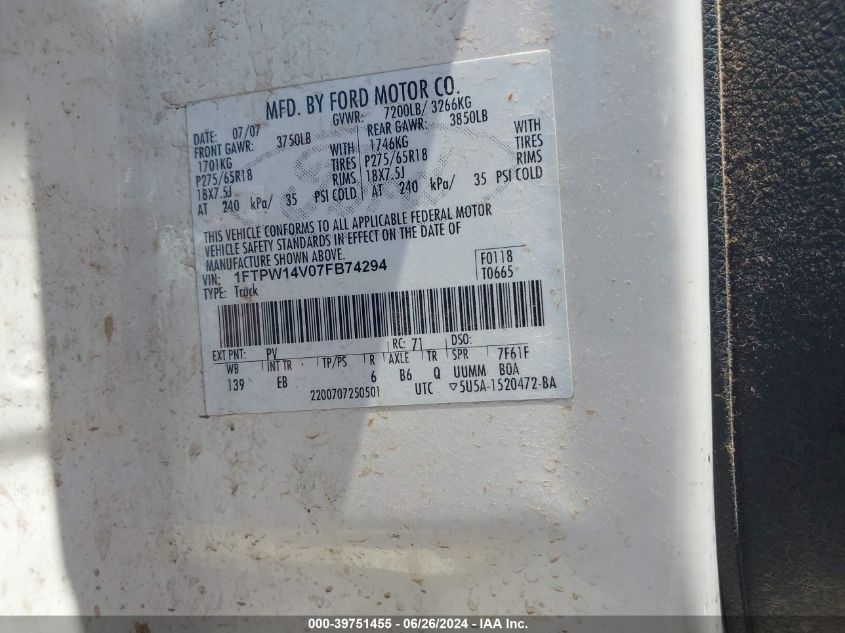 2007 Ford F150 Supercrew VIN: 1FTPW14V07FB74294 Lot: 39751455