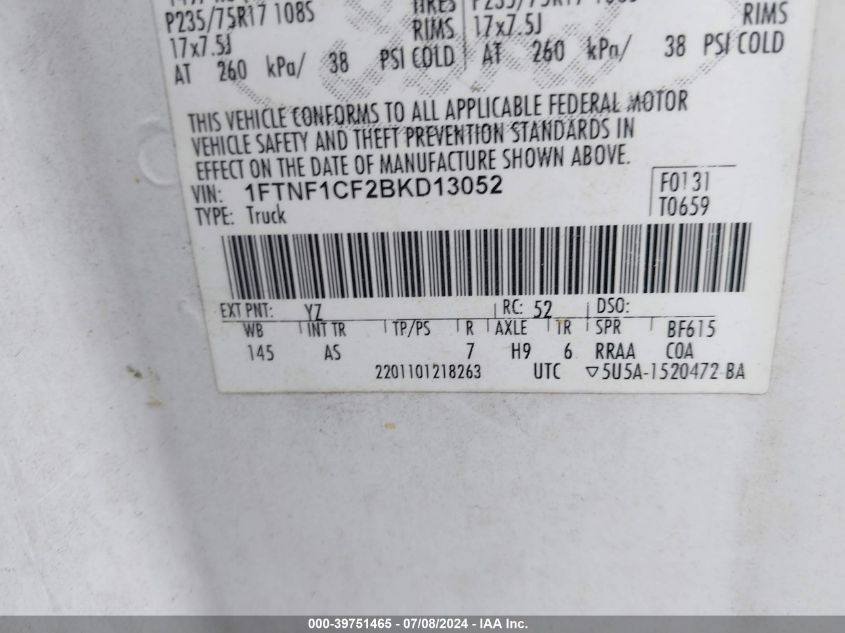 2011 Ford F-150 Xl VIN: 1FTNF1CF2BKD13052 Lot: 39751465