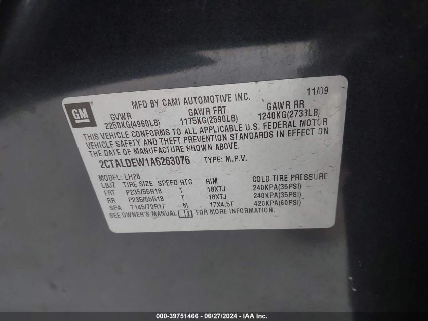 2010 GMC Terrain Sle VIN: 2CTALDEW1A6263076 Lot: 39751466