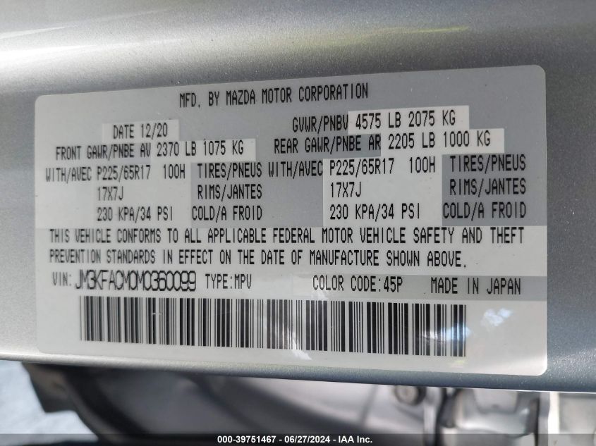 2021 Mazda Cx-5 Touring VIN: JM3KFACM0M0360099 Lot: 39751467