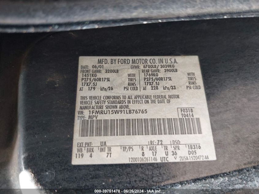2001 Ford Expedition Xlt VIN: 1FMRU15W91LB76765 Lot: 39751478