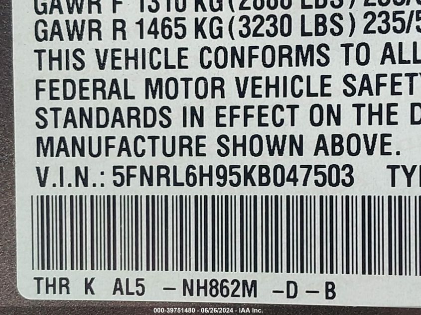 2019 Honda Odyssey Elite VIN: 5FNRL6H95KB047503 Lot: 39751480