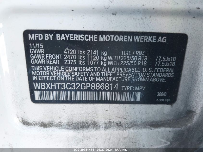 2016 BMW X1 xDrive28I VIN: WBXHT3C32GP886814 Lot: 39751481