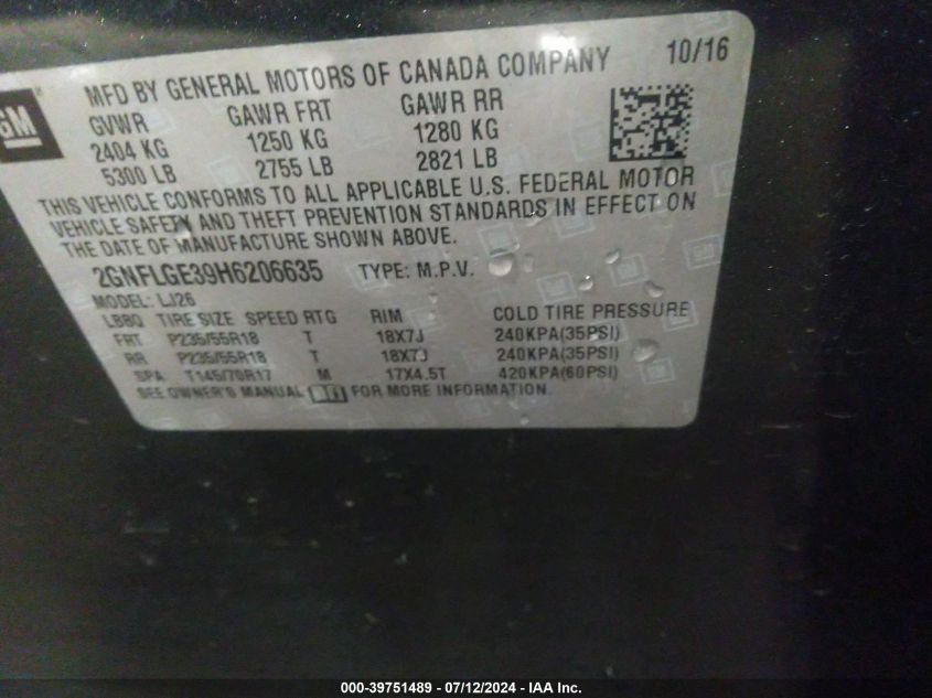 2GNFLGE39H6206635 2017 Chevrolet Equinox Premier