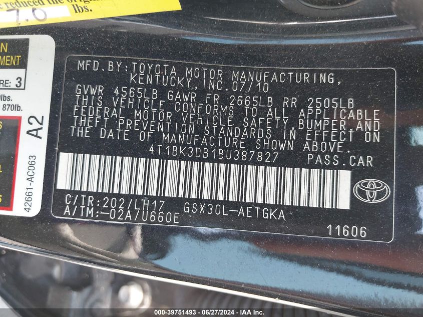 2011 Toyota Avalon VIN: 4T1BK3DB1BU387827 Lot: 39751493