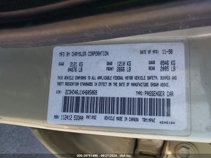 1999 Chrysler Concorde Lx VIN: 2C3HD46J1XH605069 Lot: 39751498