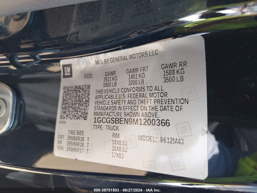 2021 Chevrolet Colorado VIN: 1GCGSBEN9M1200366 Lot: 39751503