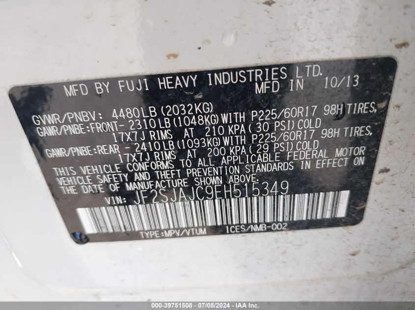 2014 Subaru Forester 2.5I Limited VIN: JF2SJAJC9EH515349 Lot: 39751508