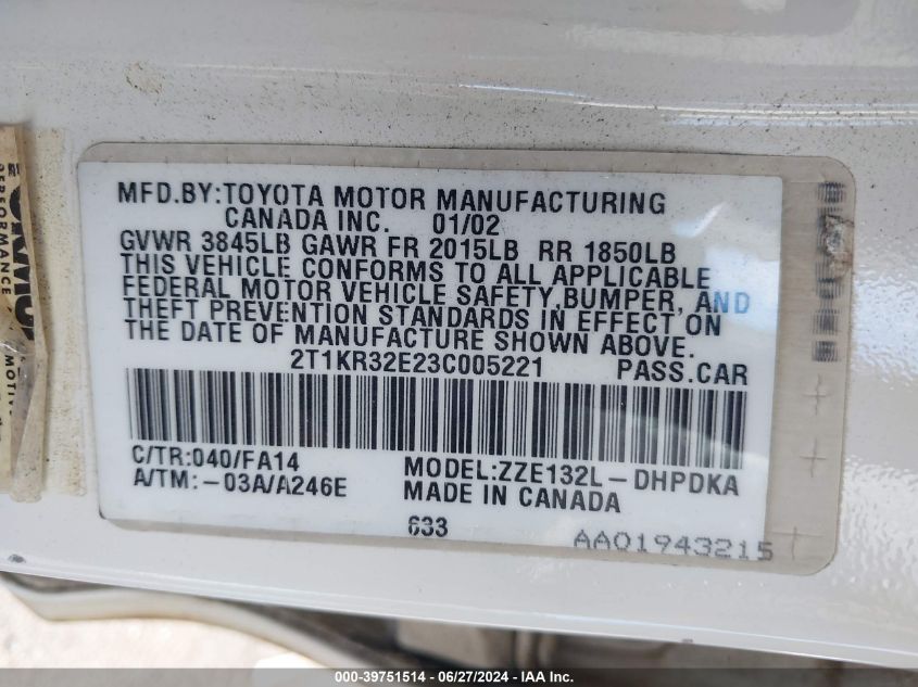 2003 Toyota Matrix Standard/Xr VIN: 2T1KR32E23C005221 Lot: 39751514