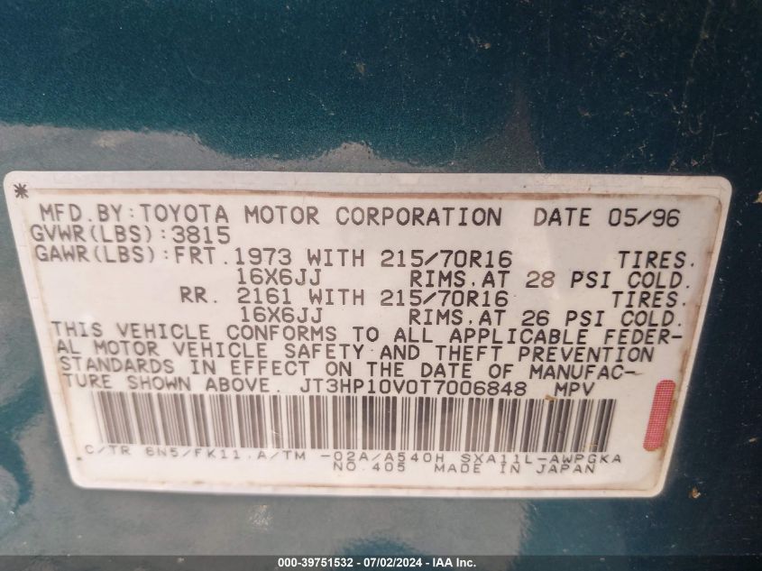 1996 Toyota Rav4 VIN: JT3HP10V0T7006848 Lot: 39751532