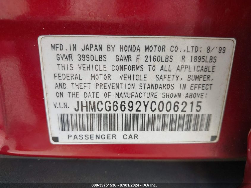 2000 Honda Accord 2.3 Se VIN: JHMCG6692YC006215 Lot: 39751536