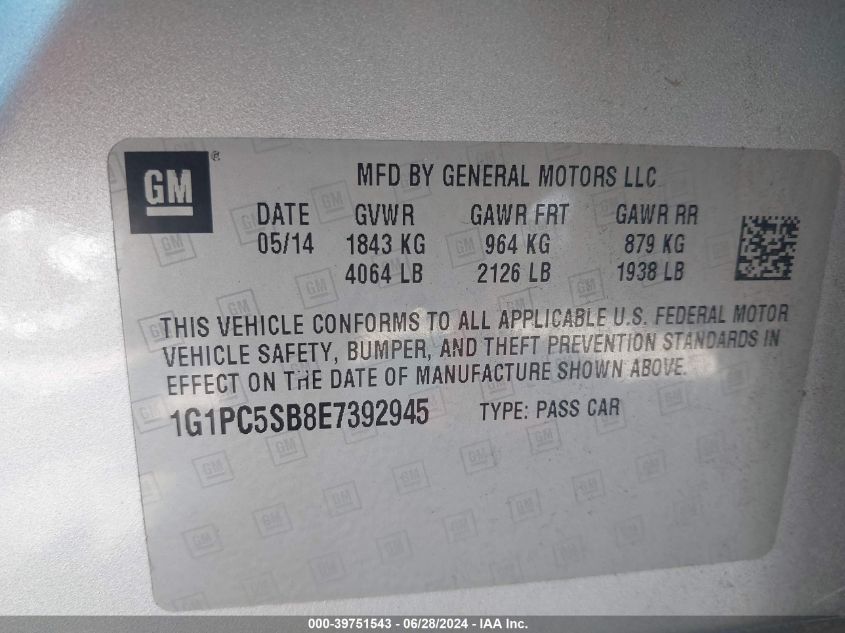 2014 Chevrolet Cruze 1Lt Auto VIN: 1G1PC5SB8E7392945 Lot: 39751543