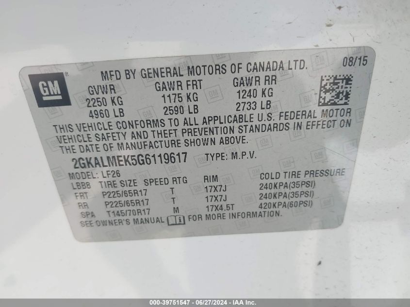 2016 GMC Terrain Sle VIN: 2GKALMEK5G6119617 Lot: 39751547