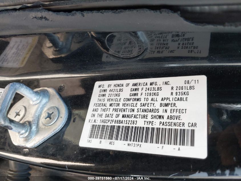 2011 Honda Accord 2.4 Ex-L VIN: 1HGCP2F86BA152283 Lot: 39751560