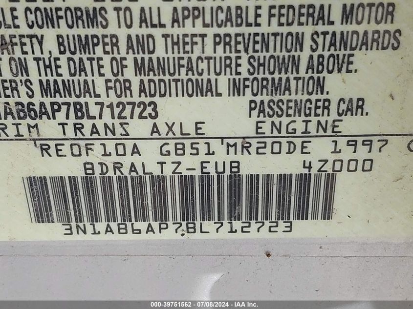 2011 Nissan Sentra 2.0Sr VIN: 3N1AB6AP7BL712723 Lot: 39751562