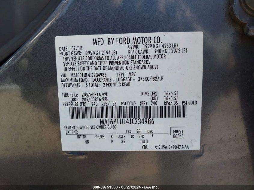 2018 Ford Ecosport Se VIN: MAJ6P1UL4JC234986 Lot: 39751563