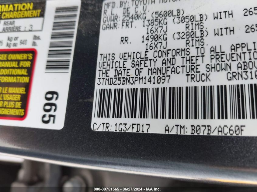 2023 Toyota Tacoma Trd Off Road VIN: 3TMDZ5BN3PM141097 Lot: 39751565