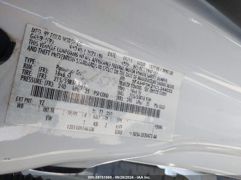 2012 Ford Focus Se VIN: 1FAHP3K21CL244022 Lot: 39751569