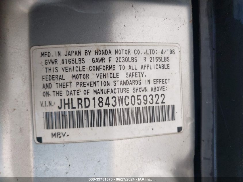 1998 Honda Cr-V Lx VIN: JHLRD1843WC059322 Lot: 39751570