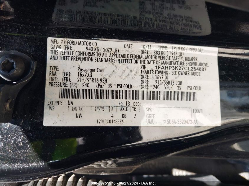 1FAHP3K27CL264887 2012 Ford Focus Se